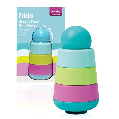 Frida Baby Stack + Pour Bath Tower Bath Toy, Bath Toys for Toddlers, Teaches Child to Grasp, Stack & Scoop. Gross to Fine Motor Skills, Hand Eye Coordination, Sort by Size, Count, Pretend Play