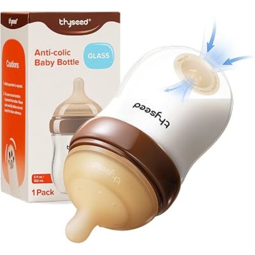 Thyseed Anti-Colic Glass Baby Bottle for Breastfed Infants, Natural Feeding, Breast-Like Newborn Extra Slow Flow Nipple (0m+), 5 oz, 1 Pack