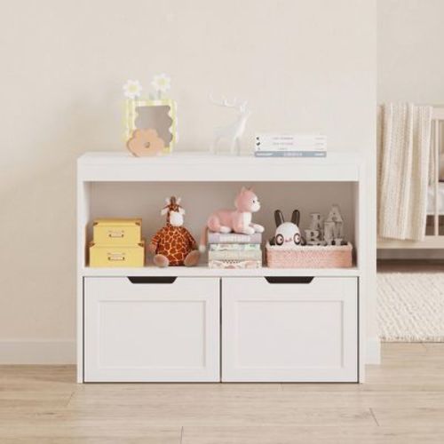 White Kids Storage Organizer – 2-in-1 Bookcase & Toy Cabinet with Display Shelves and Storage Bins for Bedroom, Playroom & Nursery Organization