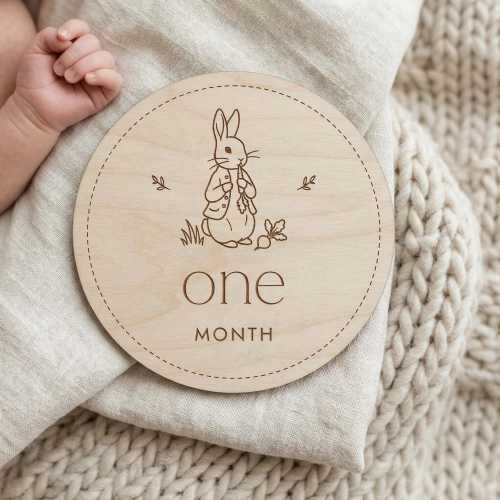 Wooden Peter Rabbit Milestone Markers: Engraved Baby Monthly Photo Discs
