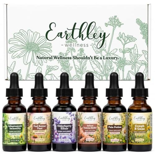 Earthley Wellness Family Organic Herbal Tincture Set, Cough Support Bundle with Elderberry, Cough, Feel Better Fast and More, Alcohol Free Formulas, Carry Bag Included (6 Set, Organic Herbal Formulas)