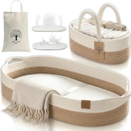 Baby Changing Basket Includes Diaper Caddy - Soft & Waterproof Dual-Cover, Portable, Changing Pad for Dresser & Changing Table, Gift for Baby Shower, Organic Cotton Rope
