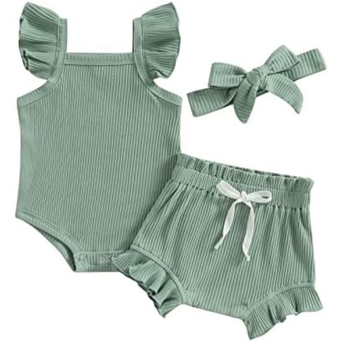 Newborn Baby Girl Summer Outfits Ribbed Romper Bodysuit Top Ruffle Shorts Clothes Sets