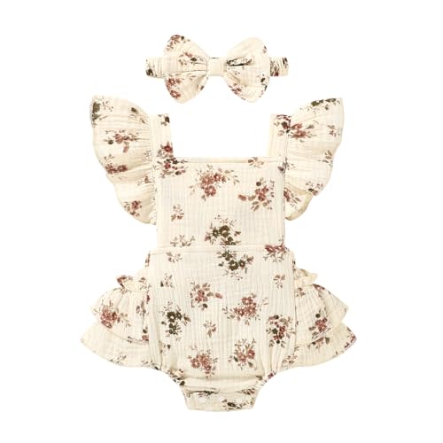 Happy Town Baby Girl Clothes Toddler Summer Linen Romper Sleeveless Ruffle Outfits Infant Girls Jumpsuit with Headband