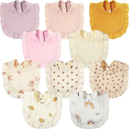 Mepase 10 Pcs Large Muslin Baby Girl Bibs Drool Teething Bibs Lap Shoulder for Boy Girls Teething(Vivid Colors)