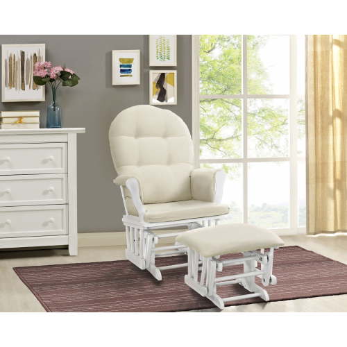 Angel Line Windsor Glider and Ottoman, White Finish with Beige Cushions