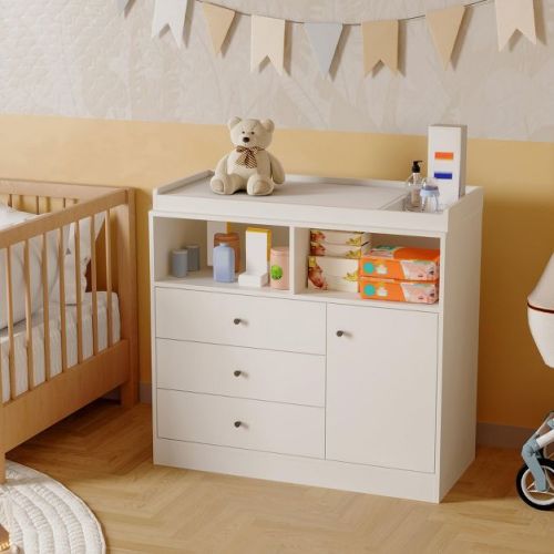 White Nursery Dresser with Changing Top ¨C Tall Wooden Diaper Station with 3 Drawers & 2 Shelves for Kids Room (1-Piece)