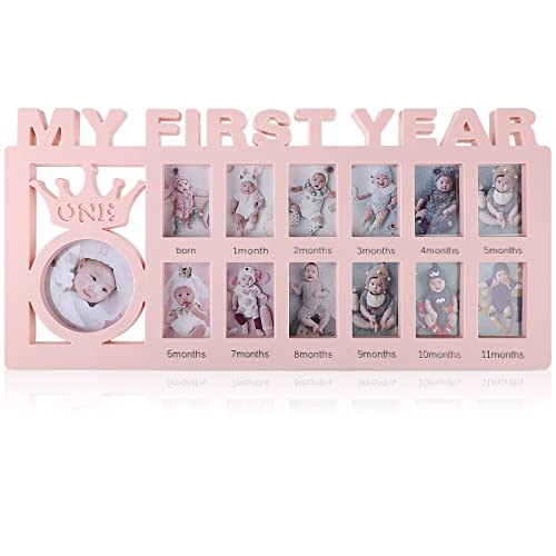Unittype My First Year Baby Picture Frame Newborn Baby's First Twelve Months Photo Collage,12 Month Milestone Keepsake Frame for Photo Memories Baby 1st Birthday Mothers Day Gift(Pink)