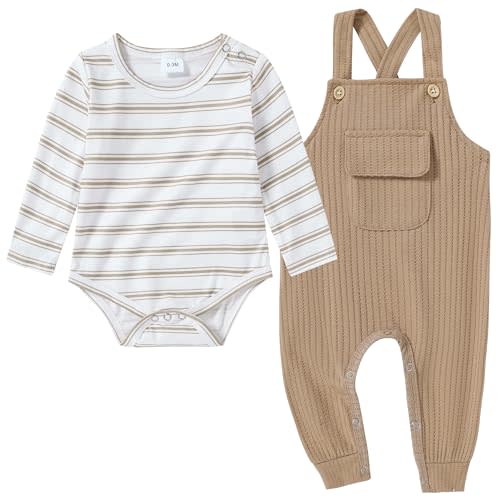CARETOO Newborn Baby Boy Clothes Infant Boy Romper Fall Winter Outfits Bodysuit 2Pcs Striped Long Sleeve Top Overalls 0-18M