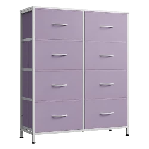 WLIVE 8 Drawer Fabric Dresser for Bedroom, Tall Storage Tower, Purple | Purple 8-drawer tall storage tower with fabric bins and wood tabletop, breathable non-woven, perfect for bedroom closet dorm