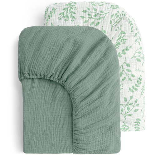 Yoofoss Muslin Crib Sheets for Boys Girls 100% Cotton Fitted Baby Crib Sheet 2 Pack Soft and Breathable for Standard Crib Mattress & Toddler Mattress 52"x28" Leaves&Green