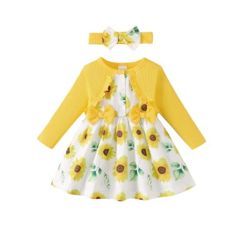 Renotemy Baby Girl Dress Fall Button Bow Outfits Toddler Clothes 3M-3T | Baby Girl Fall Outfits, Spring Long Sleeve Dresses, Toddler Girls Button Bow Clothes with Headband, Birthday Party Gifts