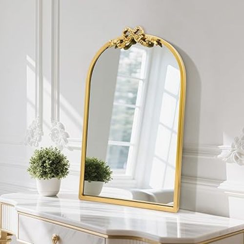 Vintage Arched Gold Mirror 27"x19" Antique Bathroom Vanity Wall Mirrors with Metal Frame, Baroque Ornate Bow Decor for Living Room, Fireplace, Entryway, Hallway