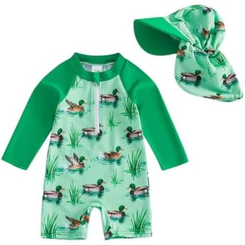 KMBANGI Toddler Baby Boy Mallard Swimsuit Kids Rash Guard Long Sleeve One Piece Bathing Suit Duck Hunting Swimwear with Hat
