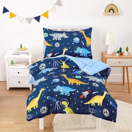 Wake In Cloud - Dinosaur Toddler Bedding Set for Boys, Dino Astronauts Rocket Space, 4 Pieces Soft Crib Bed Set Including Comforter, Sheets and Pillowcase, Navy Blue