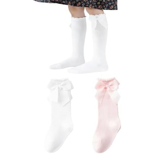 Baby Knee High Socks Toddler Cotton Long Socks,Stockings with Bow Ruffle Tube Sock for 0-6 Years Girls