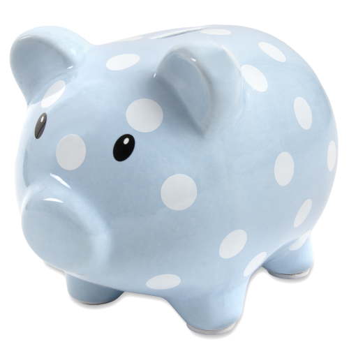 Baby Essentials My First Piggy Bank for Newborns, Infants and Toddlers in Blue & White Polka Dots