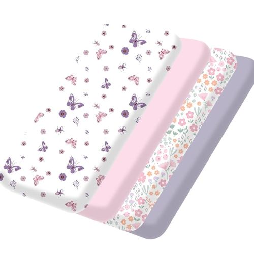 Little Grape Land Mini Crib Sheets 4 Pack, Pack n Play Sheets Fitted 38 x 26 for Boys and Girls, Pack and Play Sheets Compatible with Graco Pack n Play Playard, Butterfly Flower