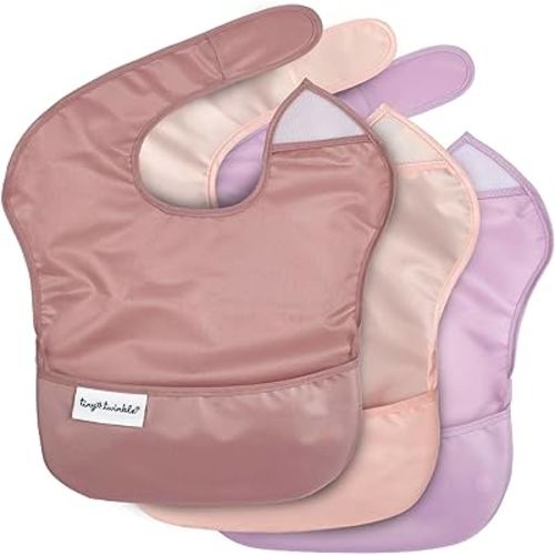Tiny Twinkle Mess-Proof Baby Bibs for Eating | Waterproof, Wipeable Toddler Bibs with Catch-All Pocket | Feeding Bibs for Girls & Boys(3 Pack,Taupe, Rose)