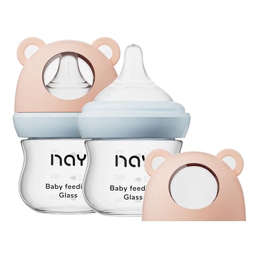 yanyoyo Natural Glass Baby Bottle for Breastfeeding Babies, 3oz Newborn Anti-Colic Baby Bottle with Slow Flow Nipples (SS), Clear, Wide Neck, 2 Pack, 0 Months+