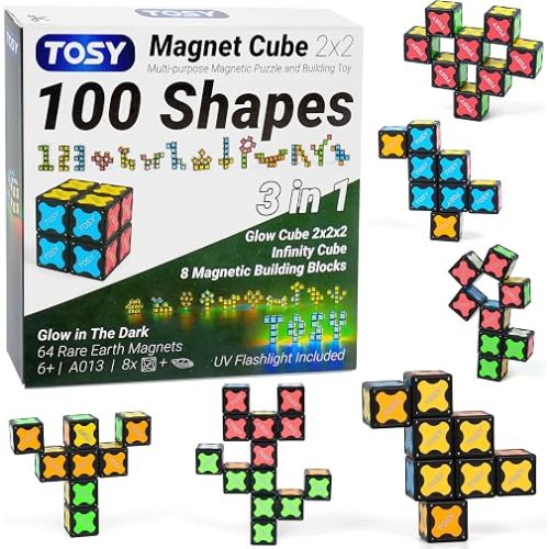 TOSY Magnet Cube 2x2-8 Blocks, 2 in 1 Toy: 2x2x2 Puzzle Cube and Customizable Infinity Cube, Glowing, UV Flashlight, Fidget/Sensory/STEM/STEAM Magnet Tiles Birthday Gift for Kids/Teens/Adults