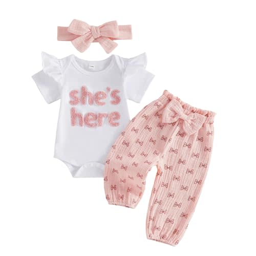 Aunties Bestie Baby Clothes Newborn Baby Girl Short Sleeve She Is Here Romper Bow Pants Set Infant Toddler Outfits