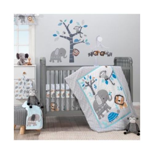Baby Jungle Fun Gray/Blue/White Elephant, Lion and Monkey 3-Piece Nursery Crib Bedding Set