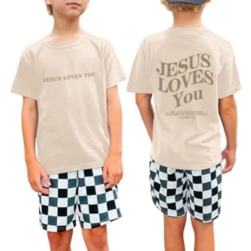 Jesus Loves You Christian Shirt for Boys Bible Verse Letter Printed T Shirts Faith Religious Cotton Short Sleeve Top