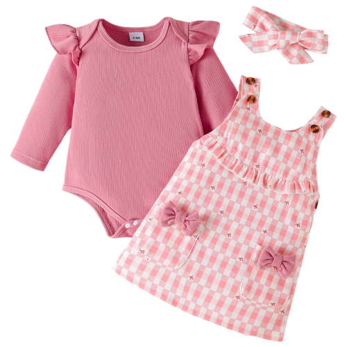 HCNTES Baby Girl Outfits Ruffle Long Sleeve Ribbed Romper Corduroy Suspender Skirt Overall Dress Fall Clothes(Red ,3-6 Months)