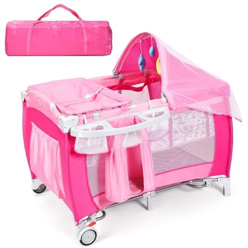 HONEY JOY Pack and Play with Bassinet, 4-in-1 Portable Baby Playard w/Changing Table, Net & Cute Toys, Diaper Storage Bag, Music Box, Wheels with Brake, Foldable Newborn Play Yard w/Carry Bag(Pink)