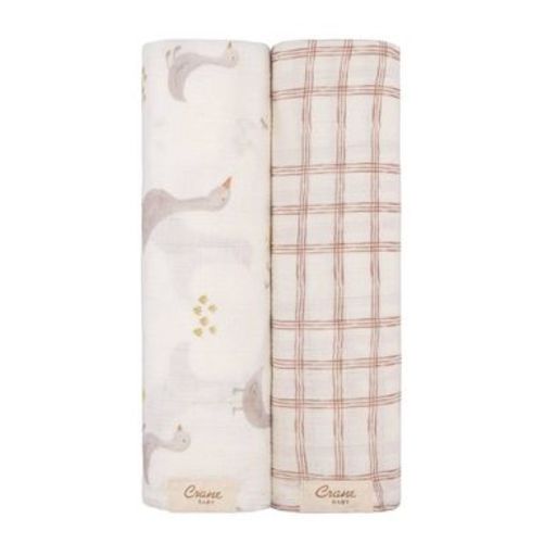 Crane Baby Muslin Swaddle Blanket 2pc - Charlie Farmhouse Goose/Check