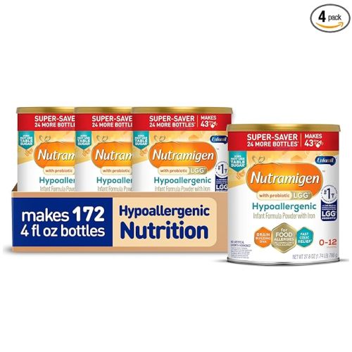 Enfamil Nutramigen Hypoallergenic Baby Formula with Iron, Lactose Free, Colic Relief from Cow's Milk Allergy Starts in 24 Hours, Brain Building DHA, Probiotic LGG for Immune Support, 27.8 Oz, 4 Count
