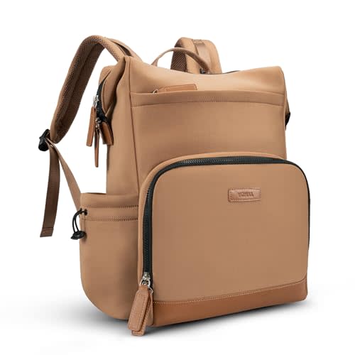 VONAL Neoprene Diaper Bag Backpack with Changing Pad, 33L Large Capacity Neoprene Backpack Baby Diaper Bag with Insulated Pockets, Travel Diaper Backpack Baby with 12 Pockets for Mom & Dad, Brown