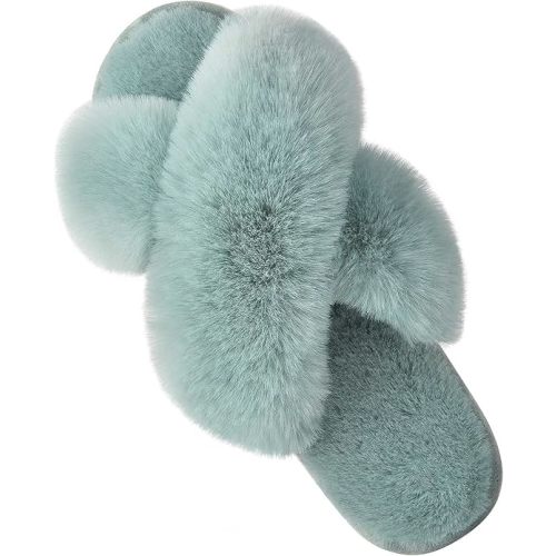 Parlovable Women's Fuzzy Cross Band Slippers, Memory Foam House Shoes with Anti-Slip Rubber Sole, Open Toe Plush Fleece Indoor Slippers for Ladies, Cozy Gifts for Women