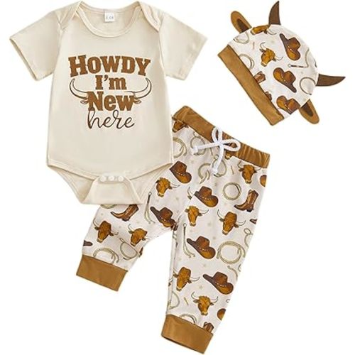 Sasaerucure Newborn Infant Baby Boy Western Clothes Short Sleeve Romper + Cow Print Pants + Hat 3Pcs Summer Outfits