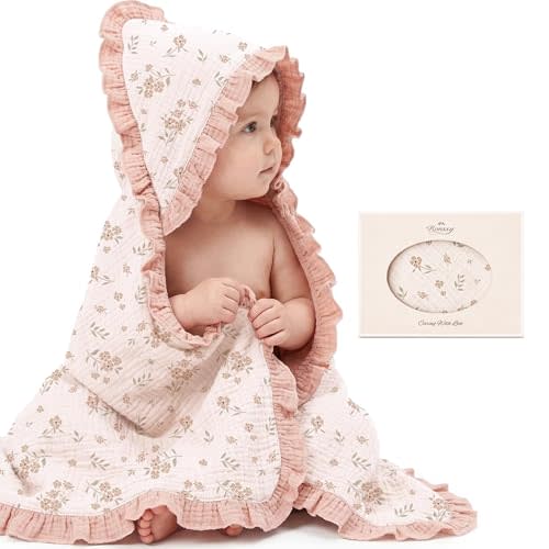Konssy 100% Muslin Cotton Baby Hooded Towel, Soft Absorbent Bath Towel for Newborns, Infants and Toddlers, Baby Gift and Newborn Essentials with Lace Ruffle Hood