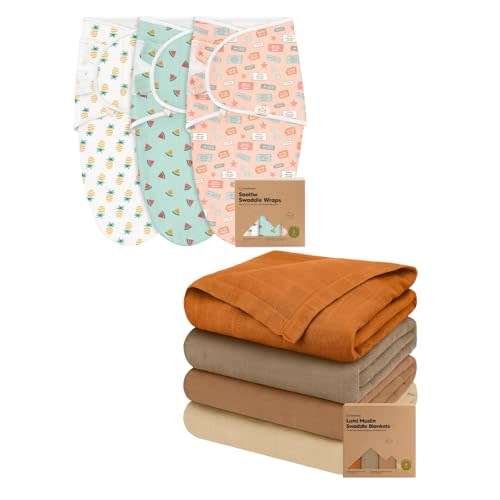 KeaBabies 3-Pack Baby Swaddle Sleep Sacks and 4-Pack Muslin Swaddle Blankets for Baby Boys, Girls - Newborn Swaddle Sack - Baby Blankets, Newborn Receiving Blanket