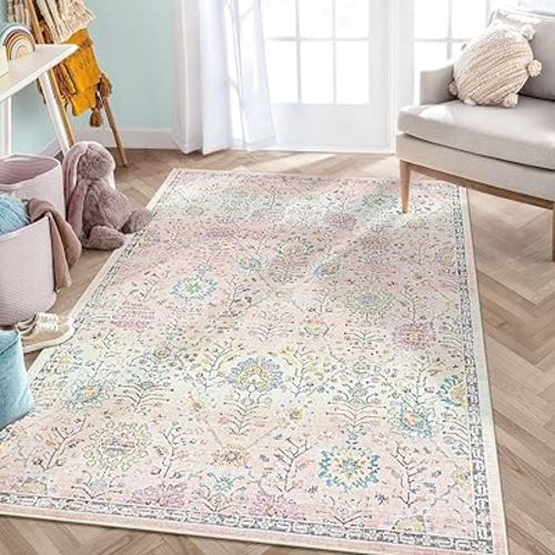 Lahome Pink Boho Area Rug, 5x7 Light Pink Rugs for Bedroom Girls Kids Room Nursery Playroom, Floral Machine Washable Pastel Carpet Non Slip for Living Room