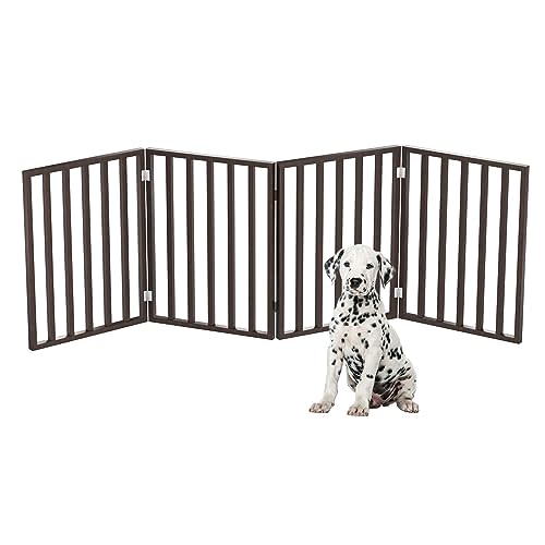 Pet Gate - 4-Panel Indoor Foldable Dog Fence for Stairs, Hallways or Doorways - 72x24-Inch Retractable Wood Freestanding Dog Gates by PETMAKER (Brown)