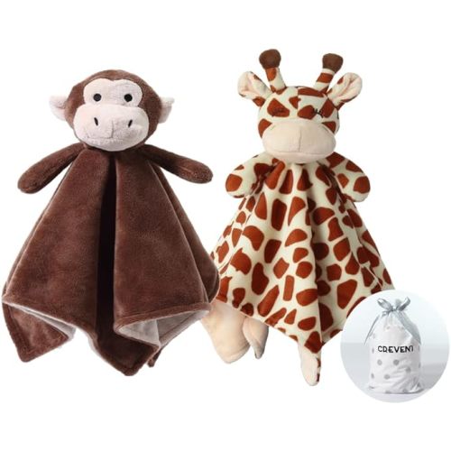 CREVENT Cozy Plush Baby Security Blanket, Loveys for Baby Girls and Boys, Birthday (Monkey+Giraffe)