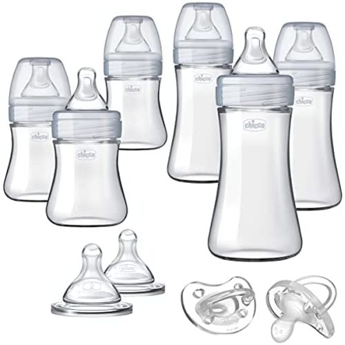 Chicco Duo Deluxe Hybrid Baby Bottle Gift Set with Invinci-Glass Inside/Plastic Outside in Clear/Grey, 10 Piece