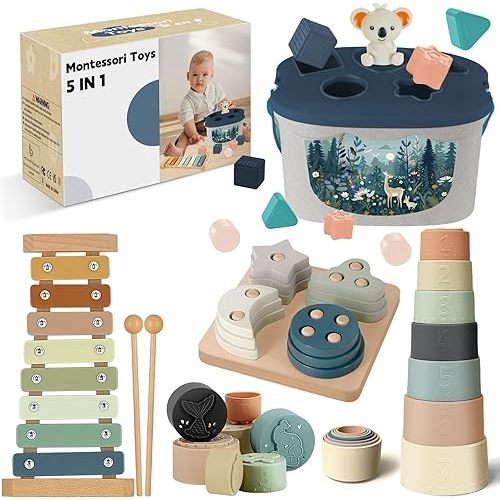 Montessori Toys for 6-12 Months, Baby Toys 6-12-18 Months with Baby Blocks Cup Toy, Pull String Toy, Shape Sorting Baby Development Toys for 6+ Month Girls Boys Birthday Chiristmas Gifts