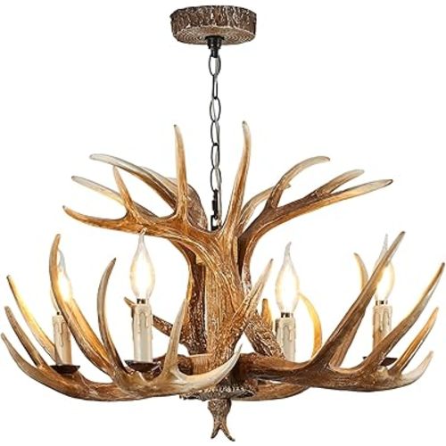 Rustic Antler Chandelier, Vintage Antler Light Fixtures 4-Light,Farmhouse Deer Chandelier Lighting for Dinning Room Kitchen (4 Lights arm+ 3arms)