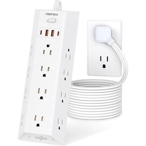 Surge Protector Power Strip, 5FT Extension Cord with 12 AC Outlets & 4 USB Ports (2 USB C), Wall Mount, Flat Plug Charging Station, 1700 Joules Surge Protector for Home Office, White