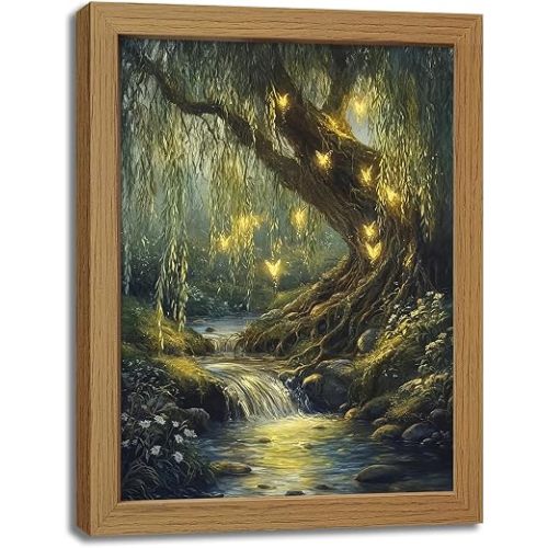 Msvenors Framed Enchanted Forest Canvas Wall Art,Whimsical Willow Tree Fairy Wall Decor Painting,Dark Cottagecore decor Vintage Magical Landscape Artwork for Bedroom Living Room Bathroom 8x10 Inch