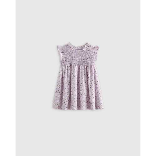 100% Organic Cotton Poplin Smocked Flutter Sleeve Dress - Baby Girl in Purple Daisy