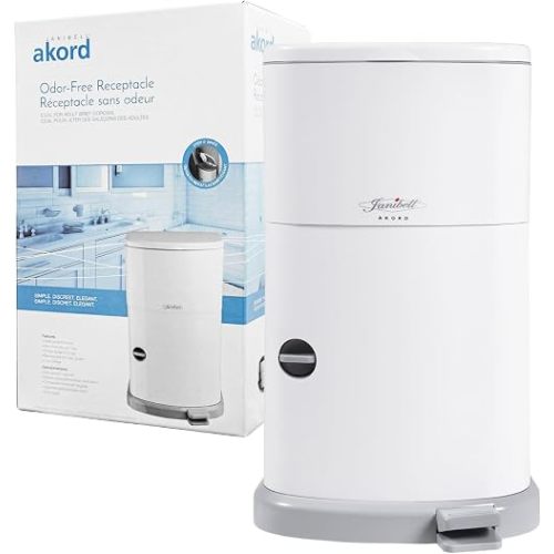 Janibell Akord 330 Adult Diaper Pail System – Holds Up to 35 Adult Diapers per Load, 560 Diapers per Refill Roll, 11-Gallon Hands-Free Step-On Trash Can, Odor-Locking Double Seal, White Resin