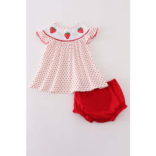 Red dot strawberry embroidery smocked bloomer set
