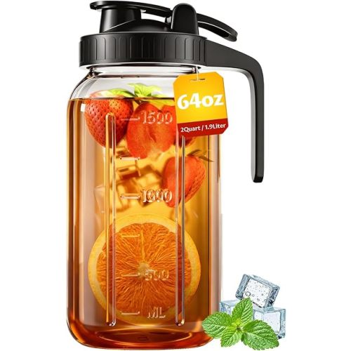 64 oz Mason Jar Pour Spout, 2 Quart Glass Water Pitcher with Lid, Airtight Seal for Great for Iced Tea,Juice,Milk,Coffee,Sun Lemonade, Set of 1(Black)