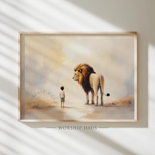 Lion and Child Christian Wall Art Symbol of Courage and Faith Powerful Biblical Scene with Boy and Lion Digital Painting Printable